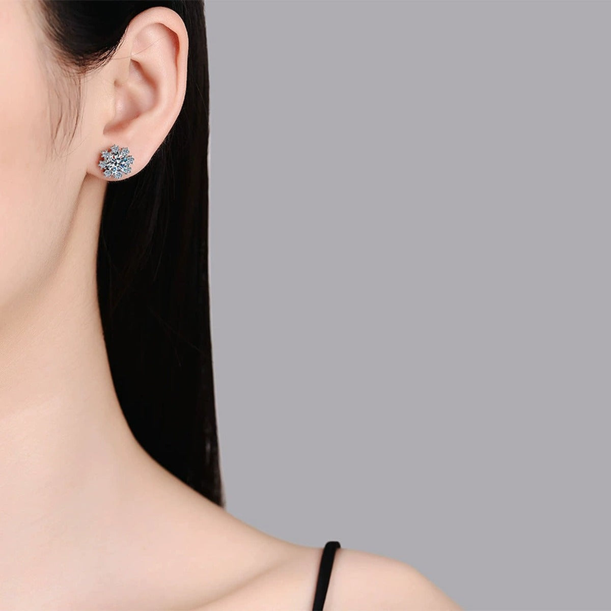 Snowflake Moissanite Stud Earrings with CZ in White Gold-Plated S925 worn on ear by model