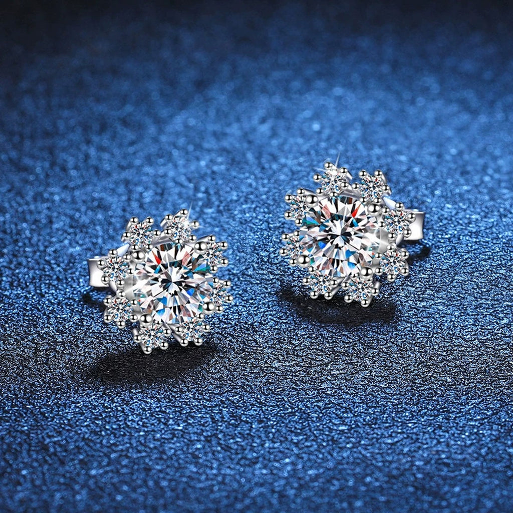 Snowflake Moissanite Stud Earrings with CZ in White Gold-Plated S925 blue scene product view