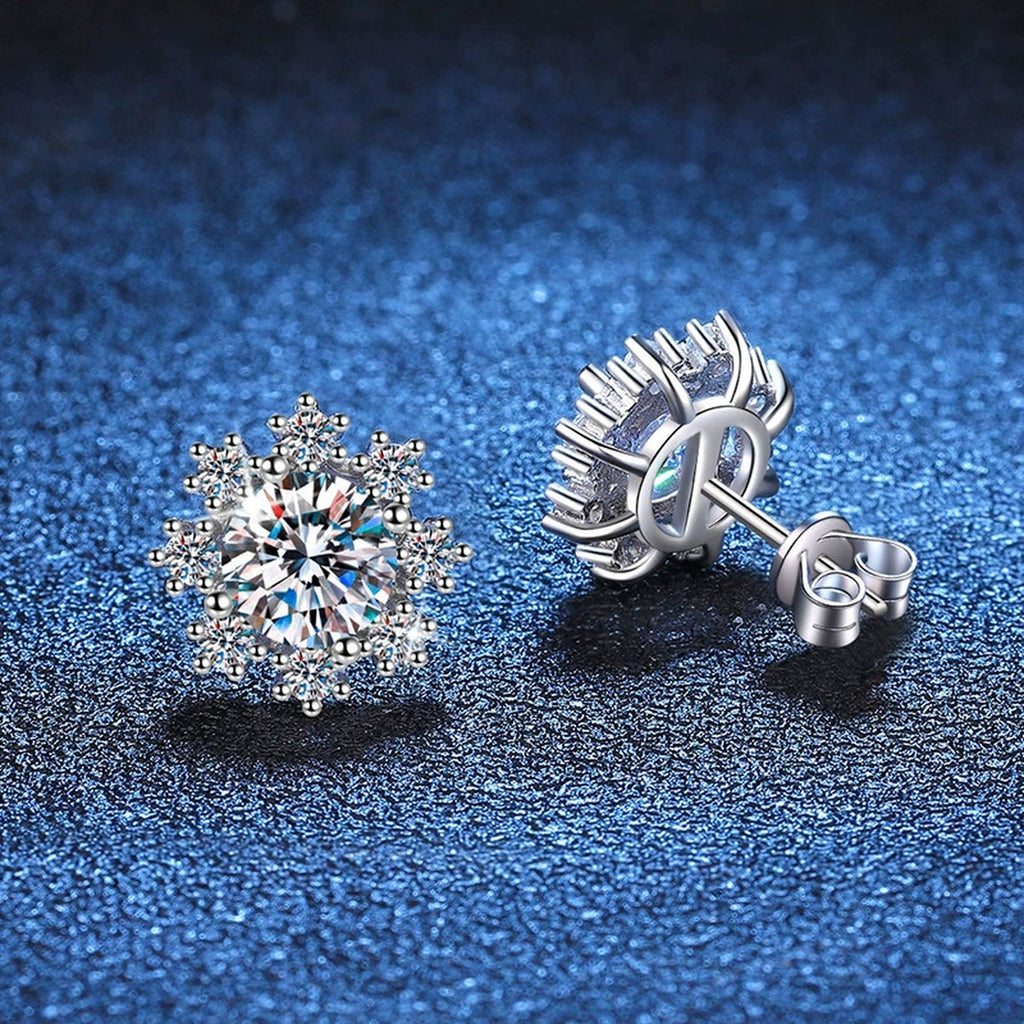 Snowflake Moissanite Stud Earrings with CZ in White Gold-Plated S925 blue scene angled view