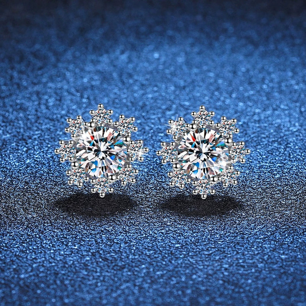 Snowflake Moissanite Stud Earrings with CZ in White Gold-Plated S925 blue scene close-up view
