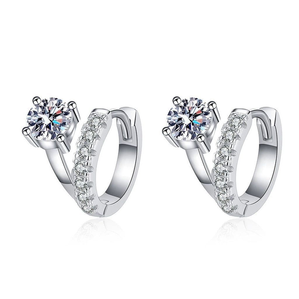Floral Moissanite Hoop Earrings with CZ in White Gold-Plated S925 on clean white background showing small polished hoops with flower-like moissanite fronts