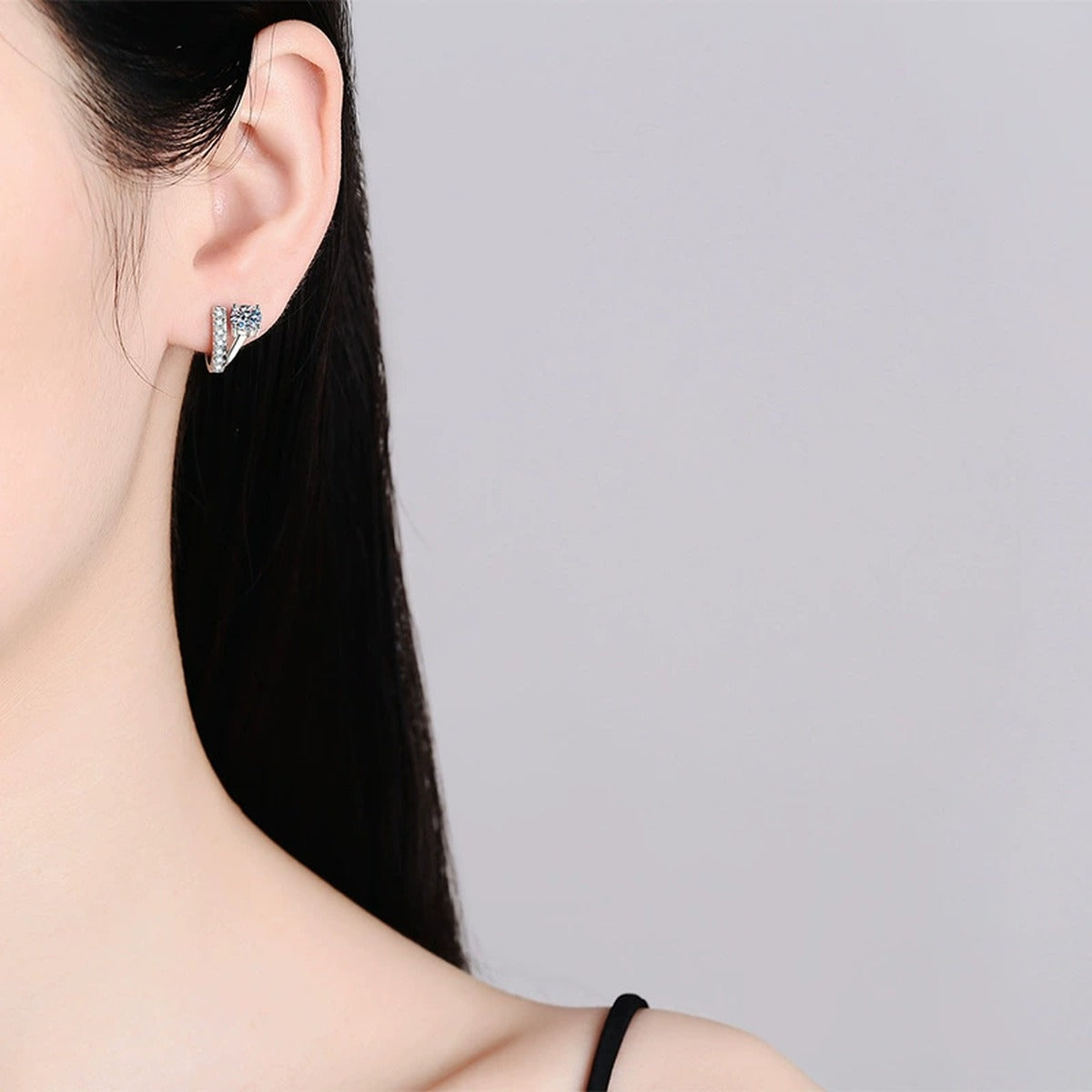 Floral Moissanite Hoop Earrings with CZ in White Gold-Plated S925 worn on ear by model
