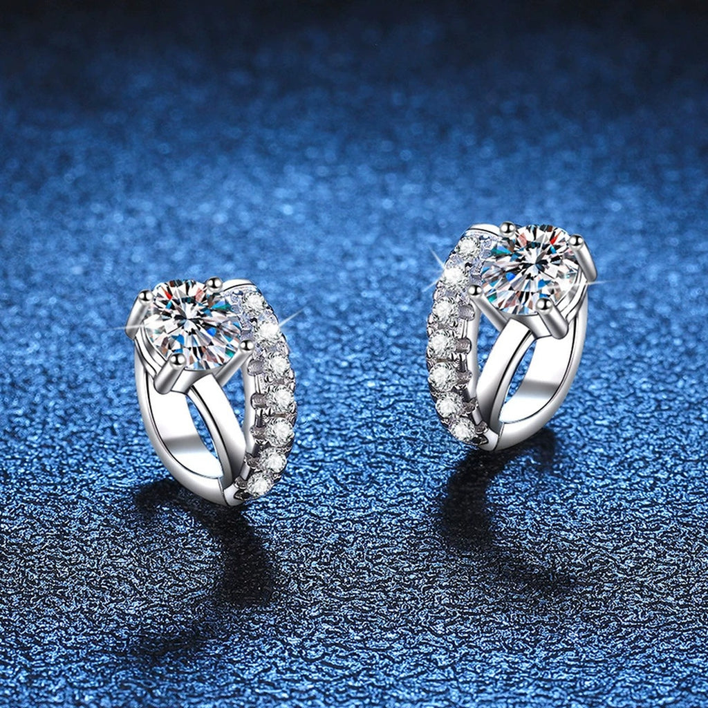 Floral Moissanite Hoop Earrings with CZ in White Gold-Plated S925 blue scene angled view