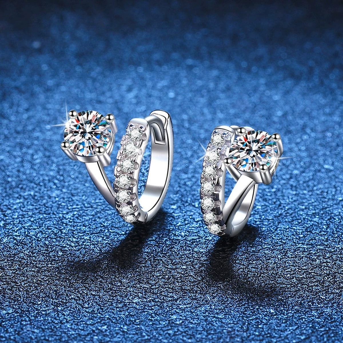 Floral Moissanite Hoop Earrings with CZ in White Gold-Plated S925 blue scene close-up view