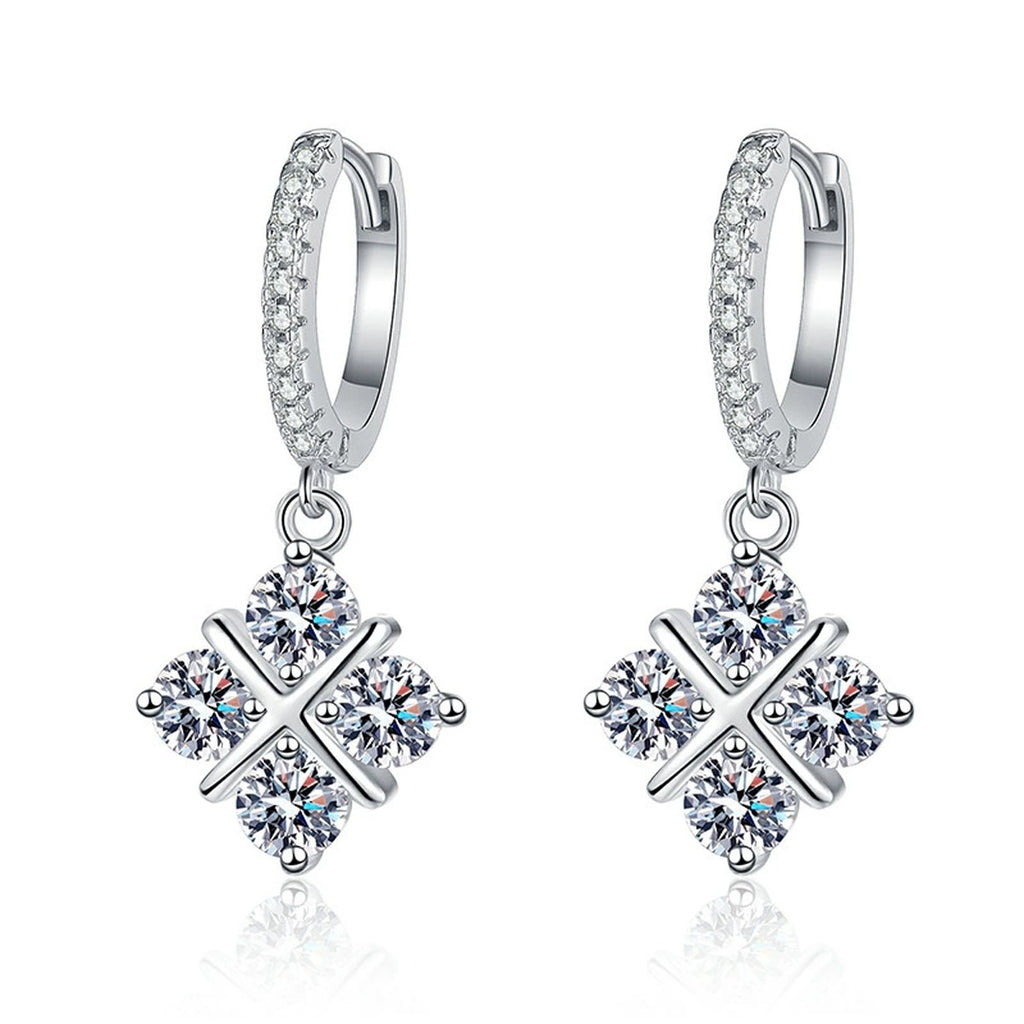 Diamond Shape Moissanite Drop Earrings with CZ in White Gold-Plated S925 on clean white background showing diamond-shaped drop clusters hanging from slim hoops