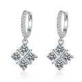 Diamond Shape Moissanite Drop Earrings with CZ in White Gold-Plated S925 on clean white background showing diamond-shaped drop clusters hanging from slim hoops