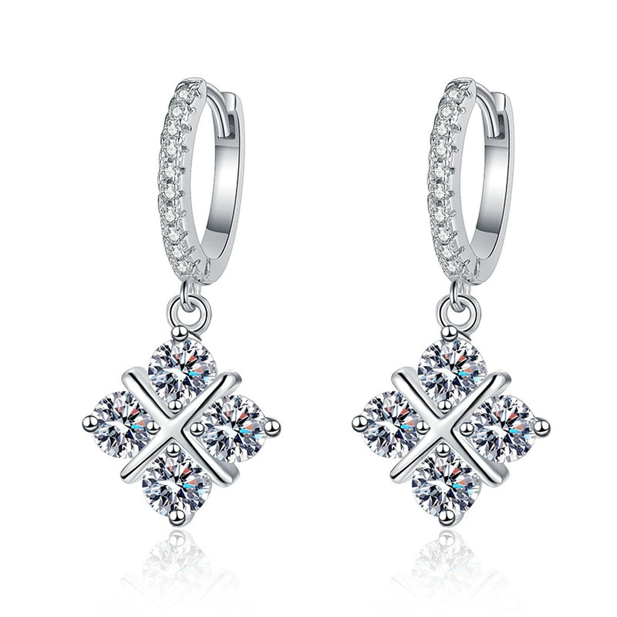 Diamond Shape Moissanite Drop Earrings with CZ in White Gold-Plated S925 on clean white background showing diamond-shaped drop clusters hanging from slim hoops