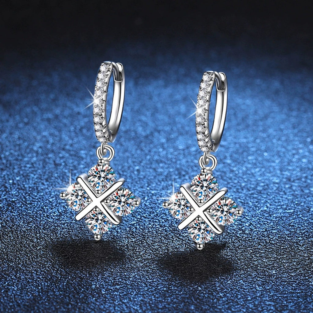 Diamond Shape Moissanite Drop Earrings with CZ in White Gold-Plated S925 blue scene product view