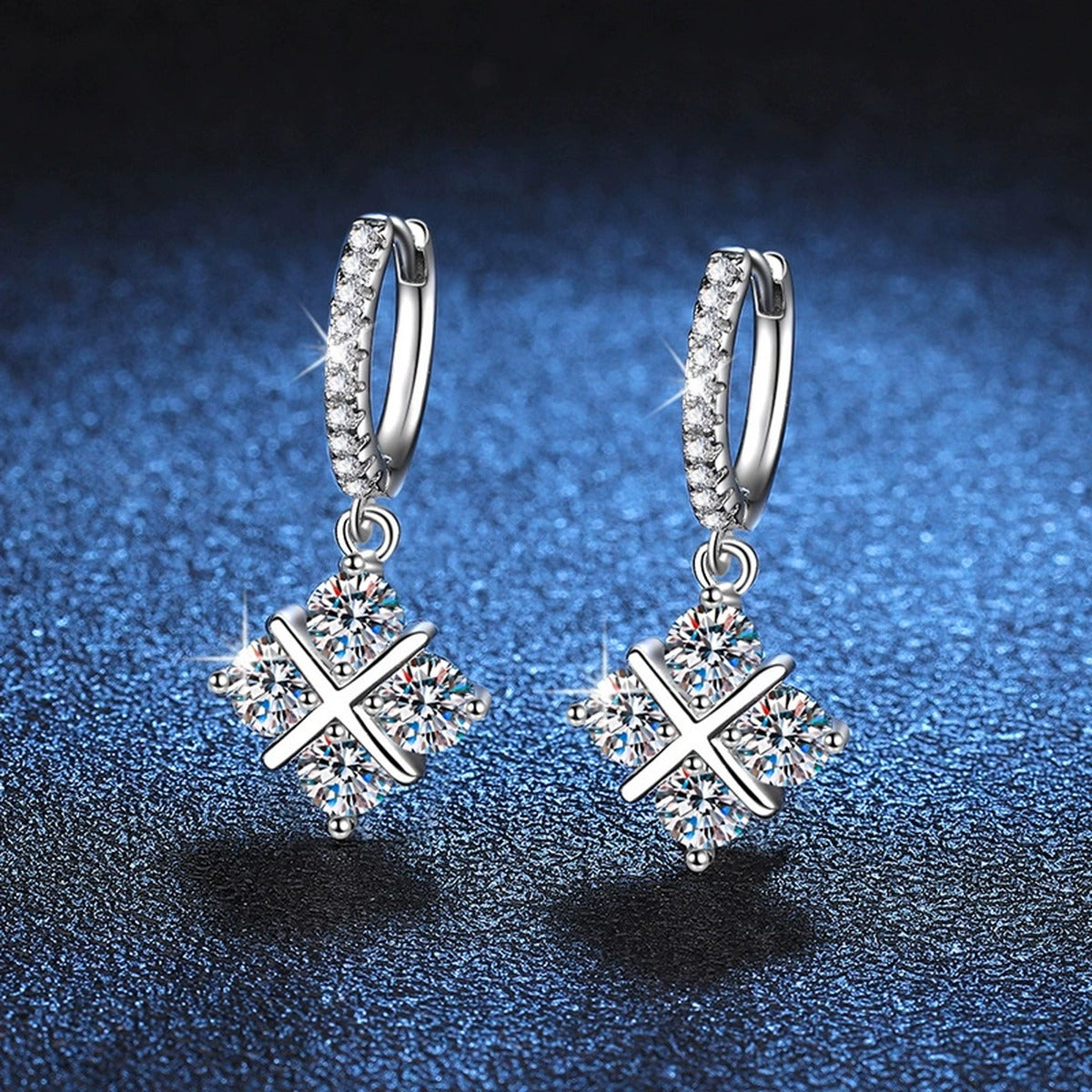 Diamond Shape Moissanite Drop Earrings with CZ in White Gold-Plated S925 blue scene product view
