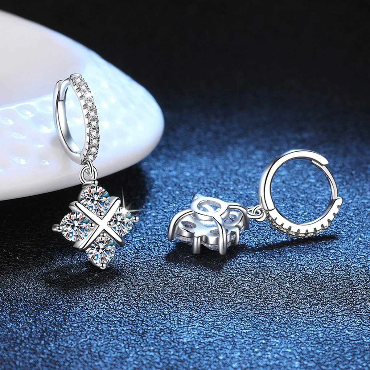 Diamond Shape Moissanite Drop Earrings with CZ in White Gold-Plated S925 blue scene angled view