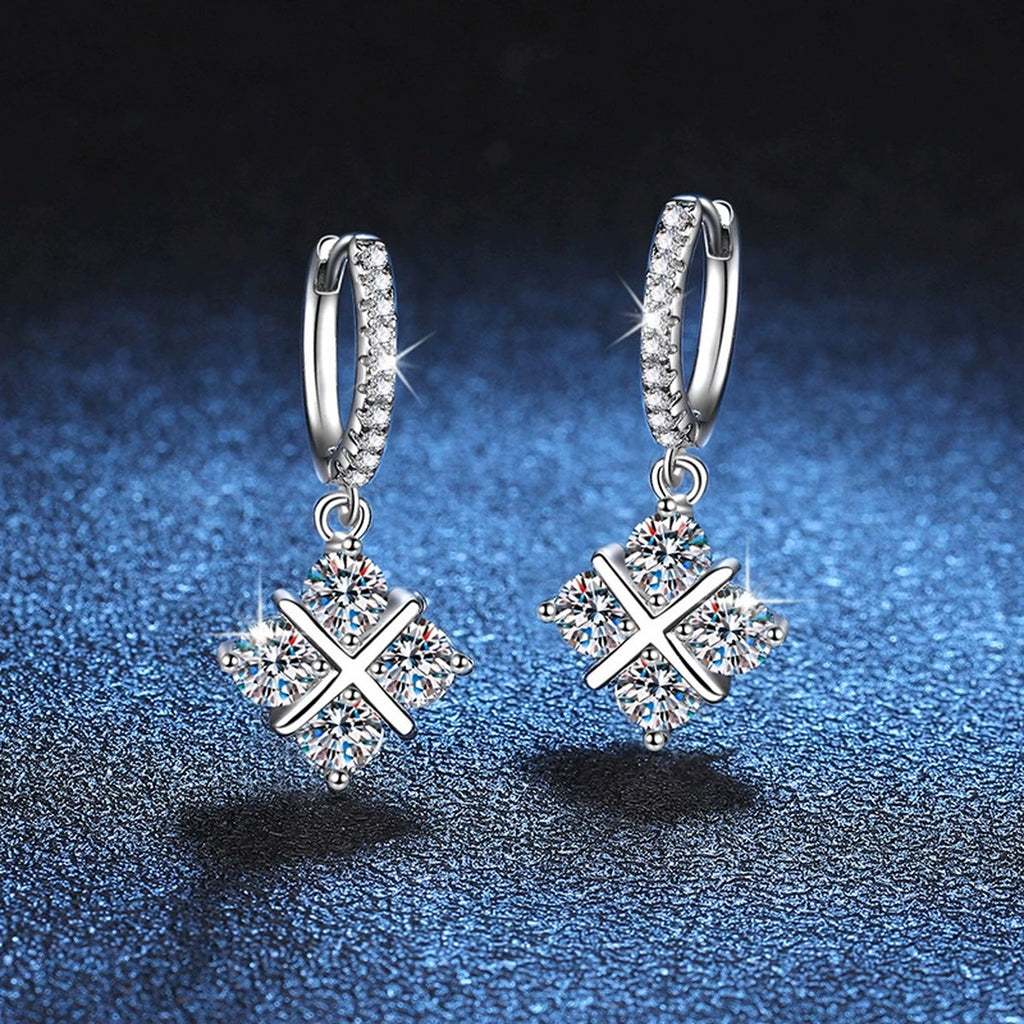 Diamond Shape Moissanite Drop Earrings with CZ in White Gold-Plated S925 blue scene close-up view