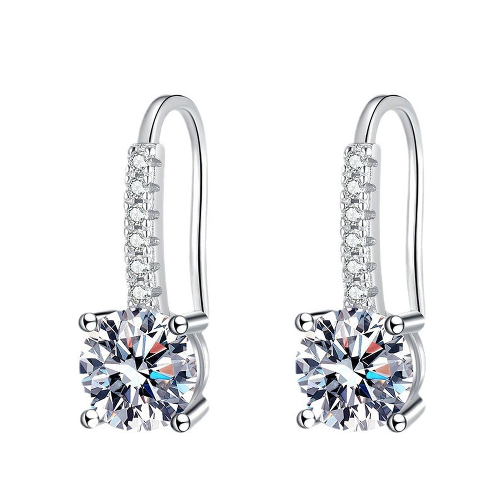 Round Moissanite Drop Earrings with CZ in White Gold-Plated S925 on clean white background showing elongated drop earrings with round moissanite centers