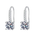 Round Moissanite Drop Earrings with CZ in White Gold-Plated S925 on clean white background showing elongated drop earrings with round moissanite centers
