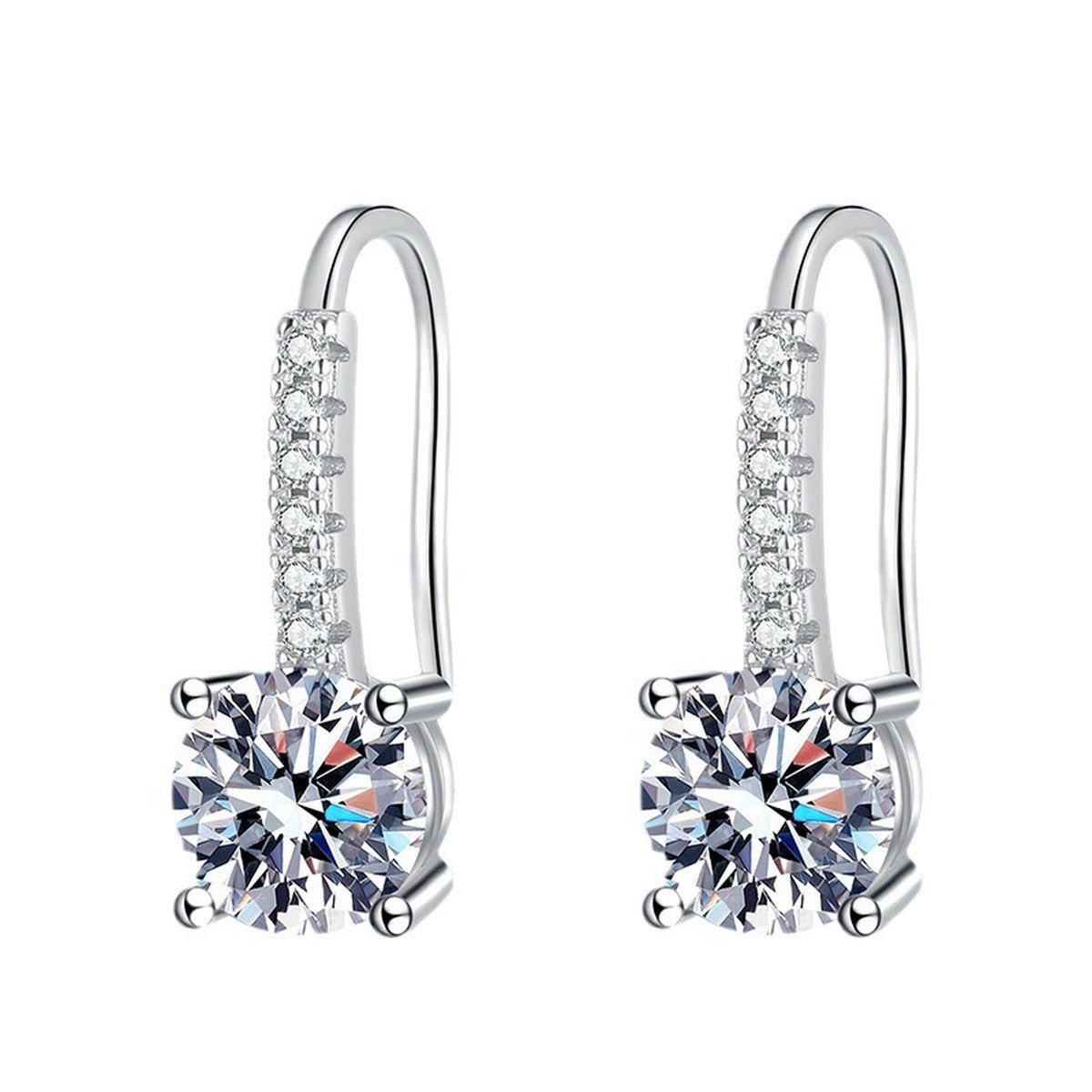 Round Moissanite Drop Earrings with CZ in White Gold-Plated S925 on clean white background showing elongated drop earrings with round moissanite centers