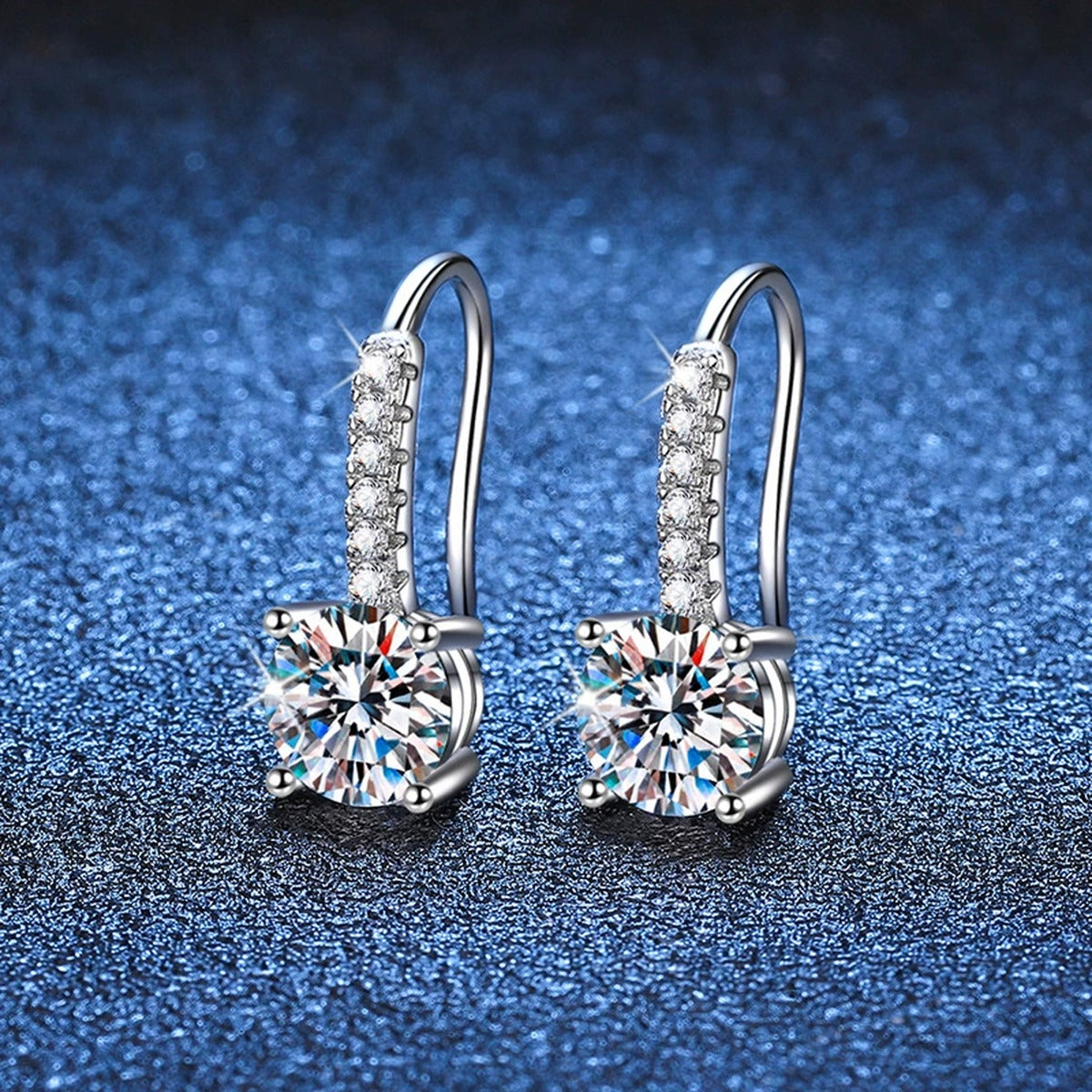 Round Moissanite Drop Earrings with CZ in White Gold-Plated S925 blue scene product view