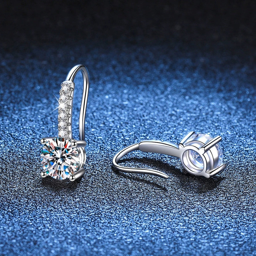 Round Moissanite Drop Earrings with CZ in White Gold-Plated S925 blue scene angled view
