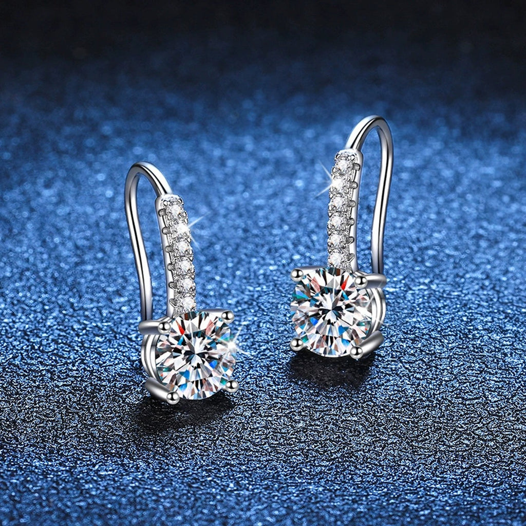 Round Moissanite Drop Earrings with CZ in White Gold-Plated S925 blue scene close-up view