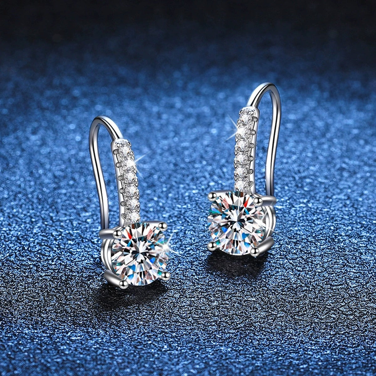Round Moissanite Drop Earrings with CZ in White Gold-Plated S925 blue scene close-up view