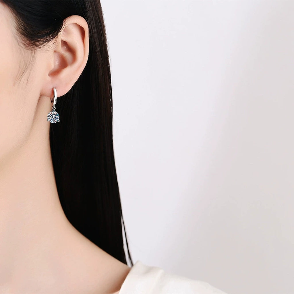 Floral Moissanite Hoop Drop Earrings in White Gold-Plated S925 Silver worn on ear by model