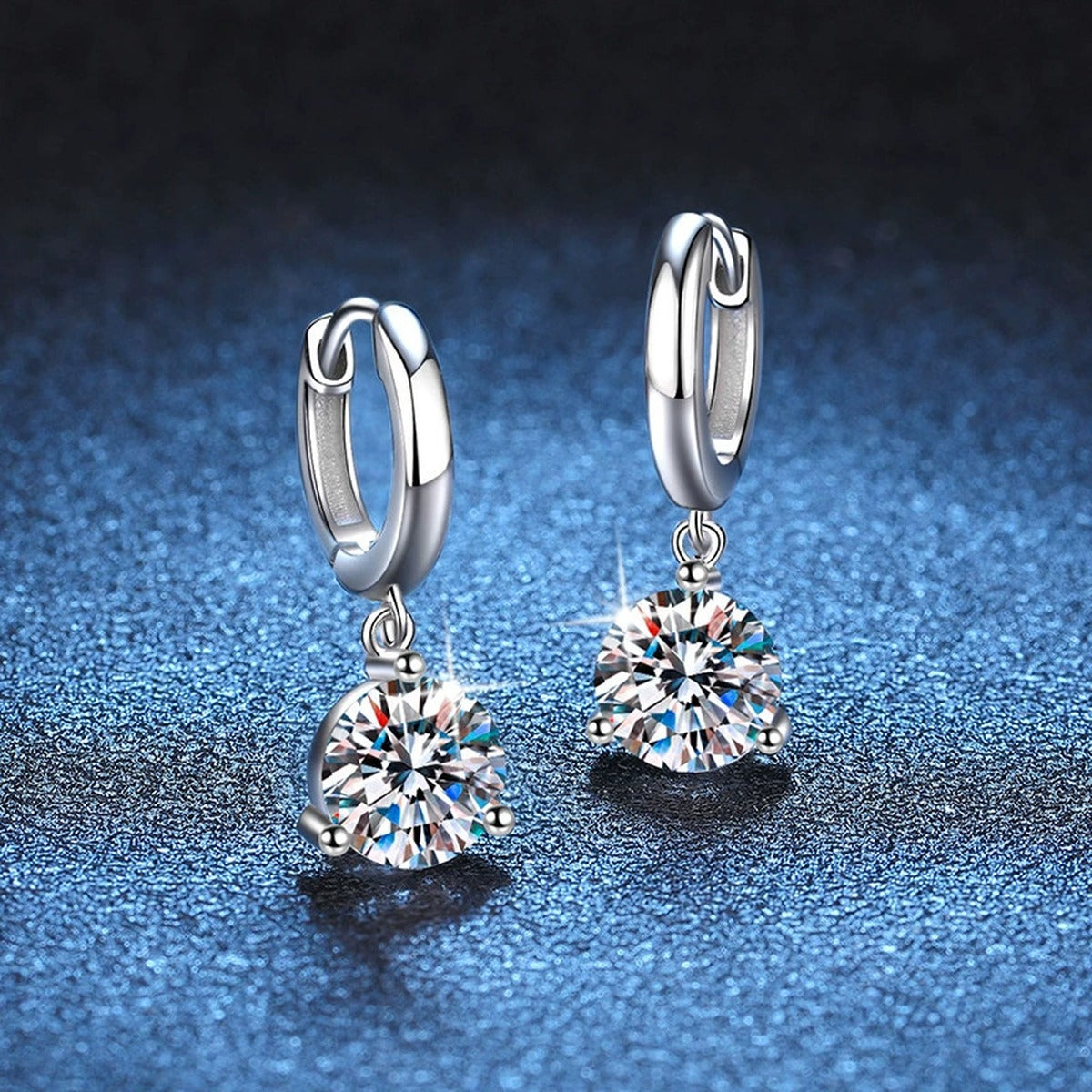 Floral Moissanite Hoop Drop Earrings in White Gold-Plated S925 Silver blue scene close-up view