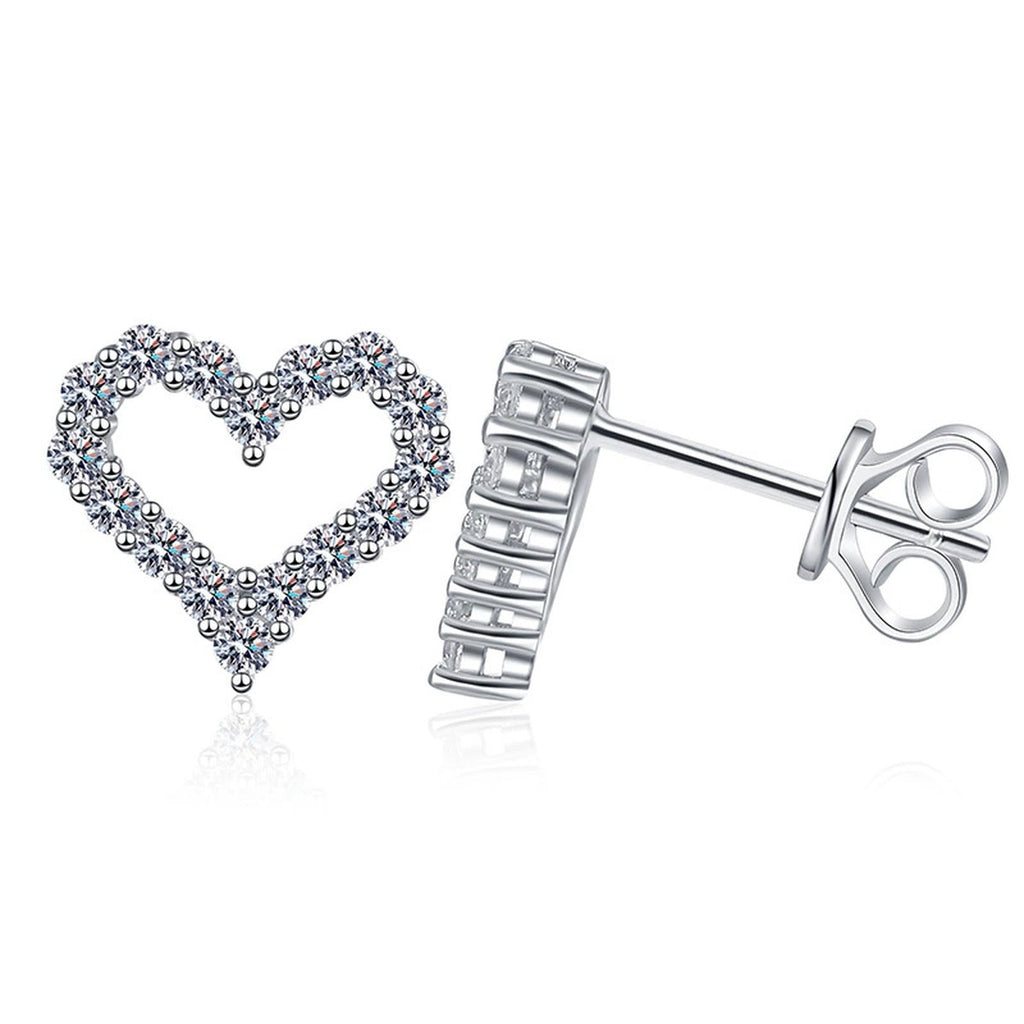 Heart Outline Moissanite Stud Earrings in White Gold-Plated S925 Silver on clean white background showing open heart outline studs paved with small moissanite stones