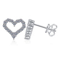Heart Outline Moissanite Stud Earrings in White Gold-Plated S925 Silver on clean white background showing open heart outline studs paved with small moissanite stones
