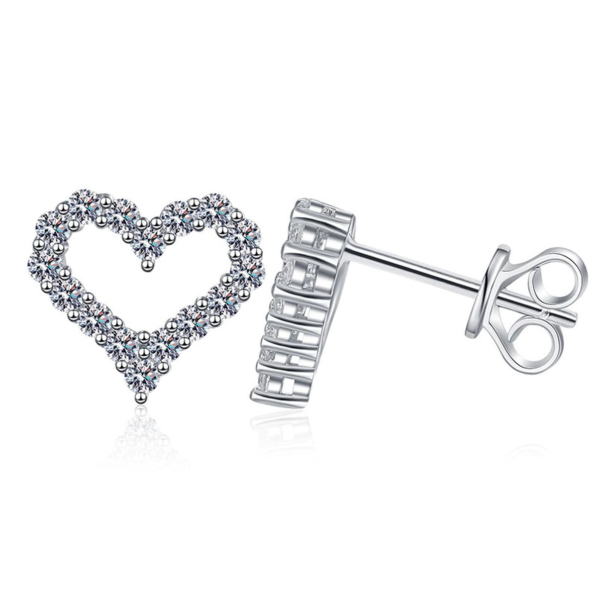 Heart Outline Moissanite Stud Earrings in White Gold-Plated S925 Silver on clean white background showing open heart outline studs paved with small moissanite stones