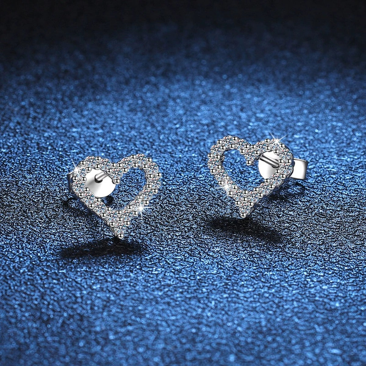 Heart Outline Moissanite Stud Earrings in White Gold-Plated S925 Silver blue scene product view