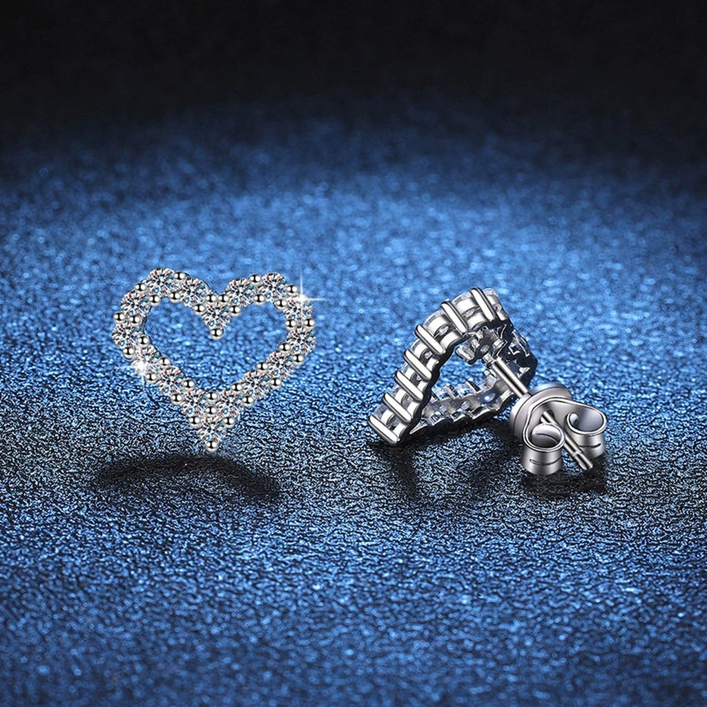 Heart Outline Moissanite Stud Earrings in White Gold-Plated S925 Silver blue scene angled view