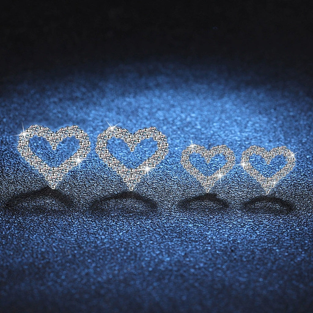 Heart Outline Moissanite Stud Earrings in White Gold-Plated S925 Silver blue scene close-up view