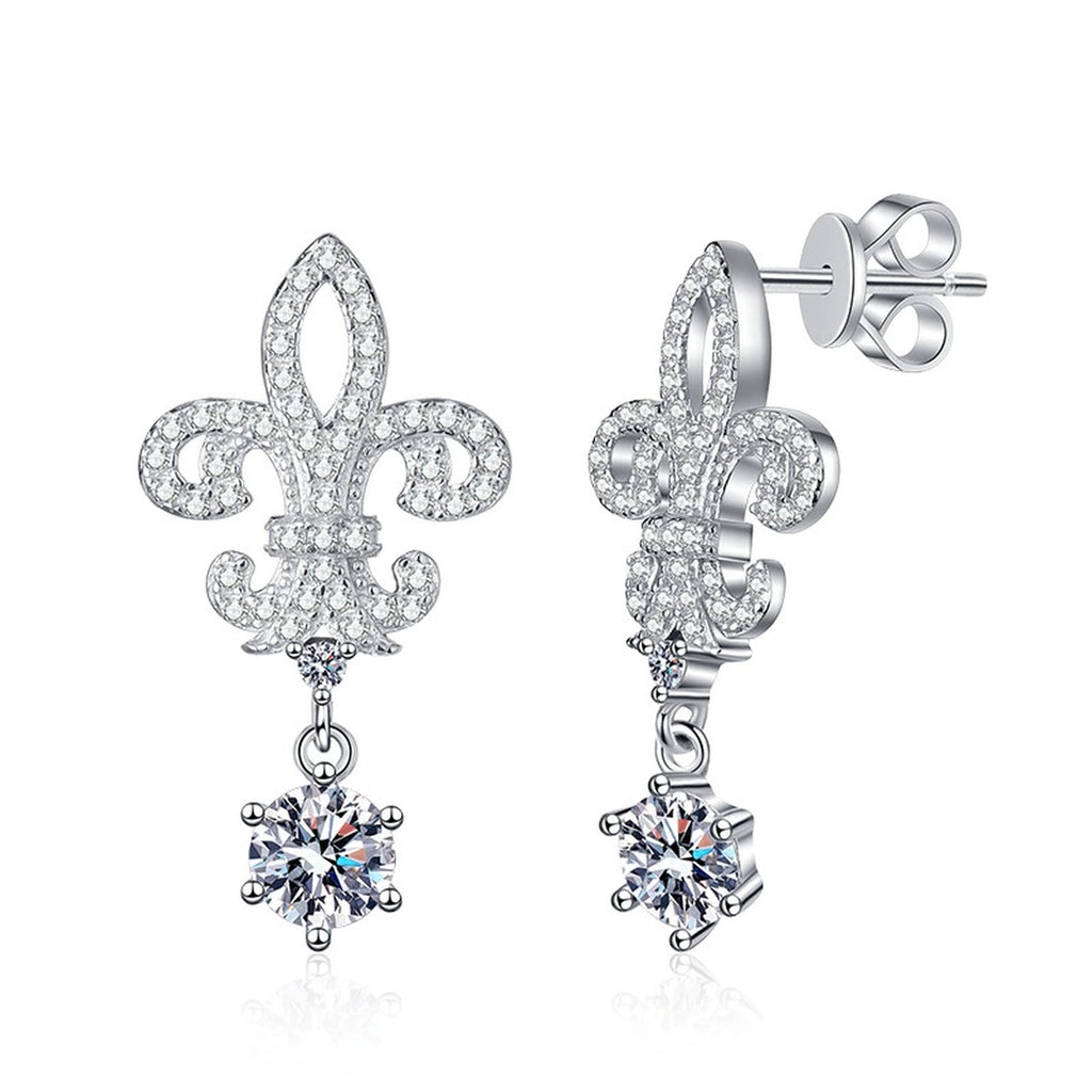 Fleur-De-Lis Moissanite Drop Earrings with CZ in White Gold-Plated S925 on clean white background showing fleur-de-lis inspired drops with a round moissanite center