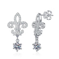 Fleur-De-Lis Moissanite Drop Earrings with CZ in White Gold-Plated S925 on clean white background showing fleur-de-lis inspired drops with a round moissanite center