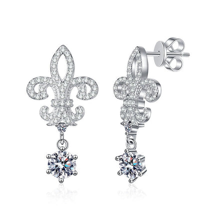 Fleur-De-Lis Moissanite Drop Earrings with CZ in White Gold-Plated S925 on clean white background showing fleur-de-lis inspired drops with a round moissanite center