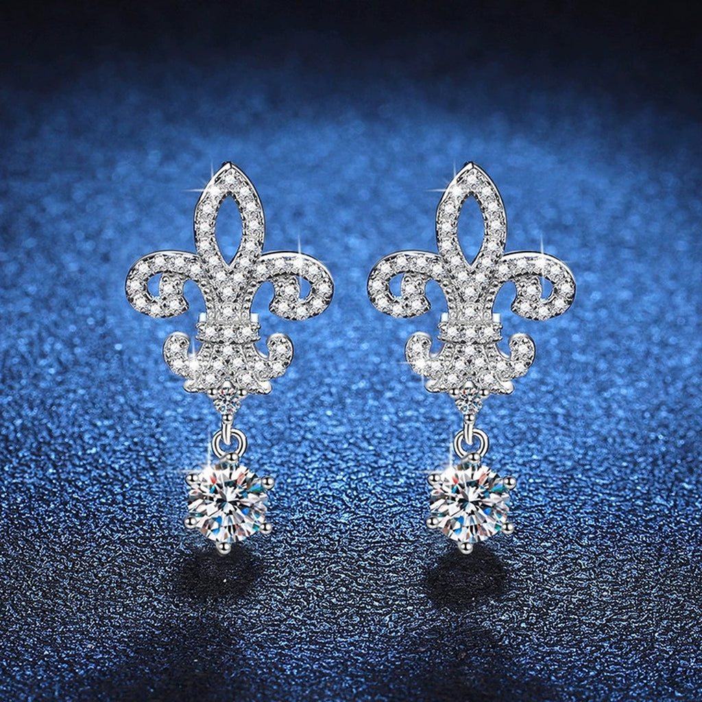 Fleur-De-Lis Moissanite Drop Earrings with CZ in White Gold-Plated S925 blue scene product view