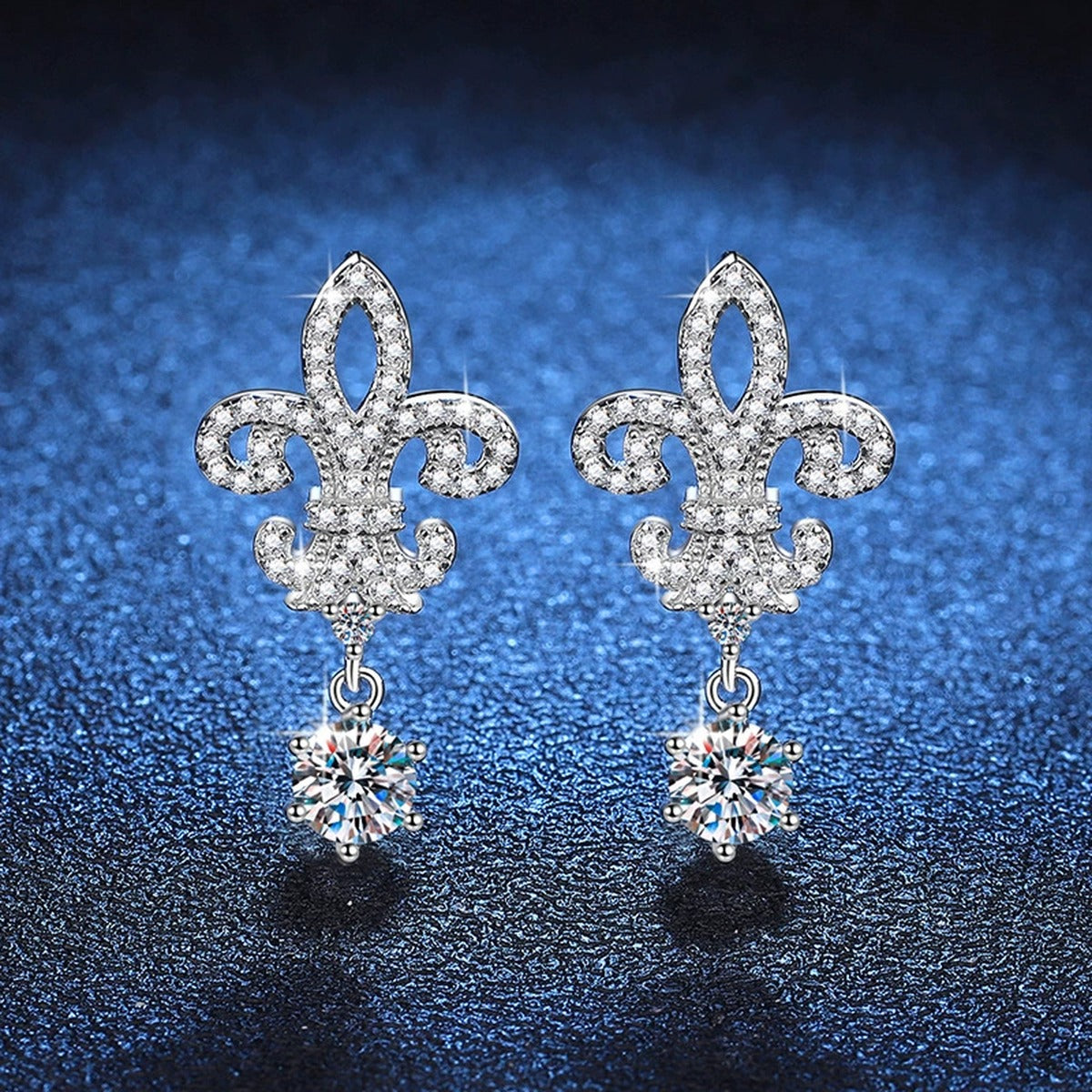 Fleur-De-Lis Moissanite Drop Earrings with CZ in White Gold-Plated S925 blue scene product view