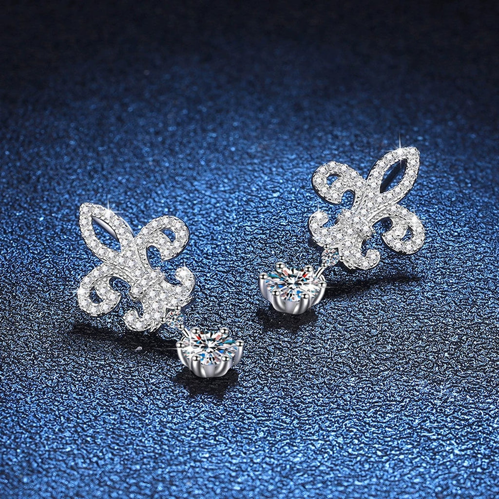 Fleur-De-Lis Moissanite Drop Earrings with CZ in White Gold-Plated S925 blue scene angled view