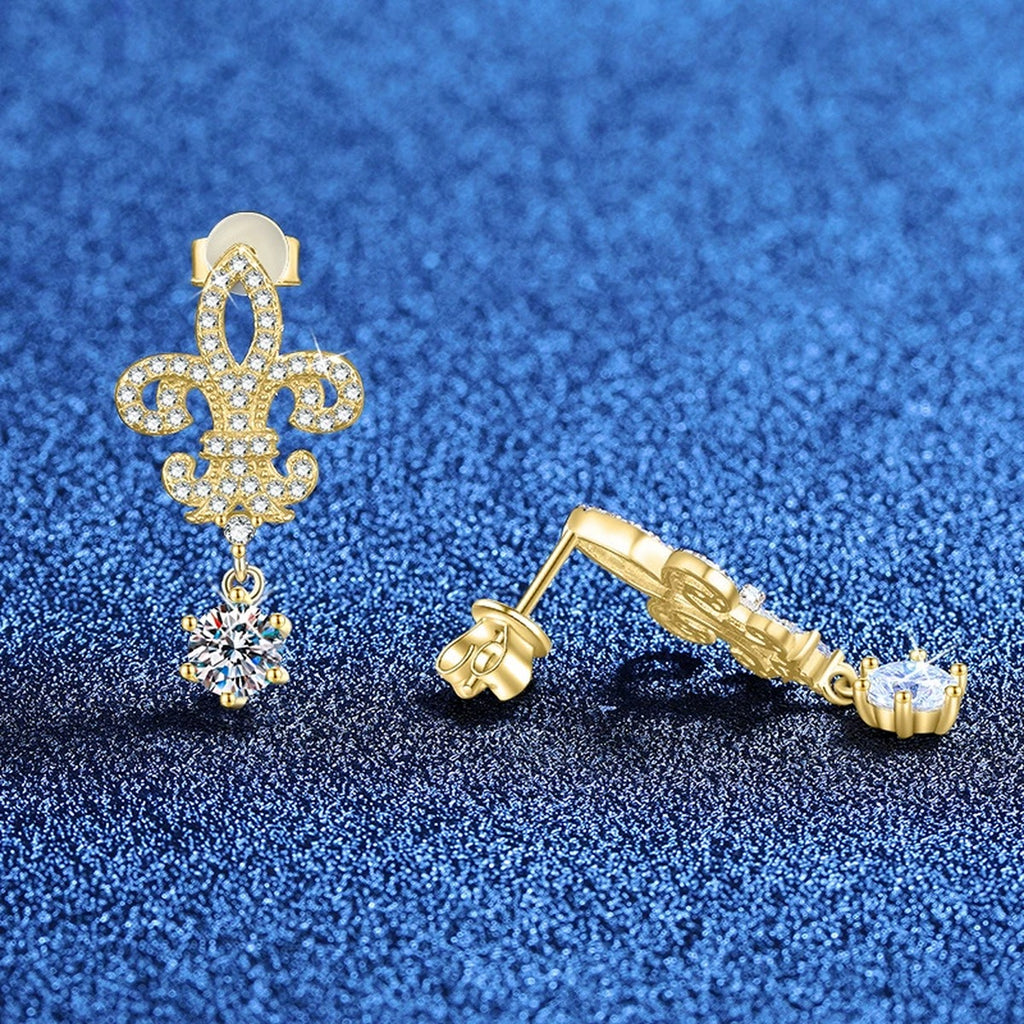 Fleur-De-Lis Moissanite Drop Earrings with CZ in White Gold-Plated S925 blue scene close-up view