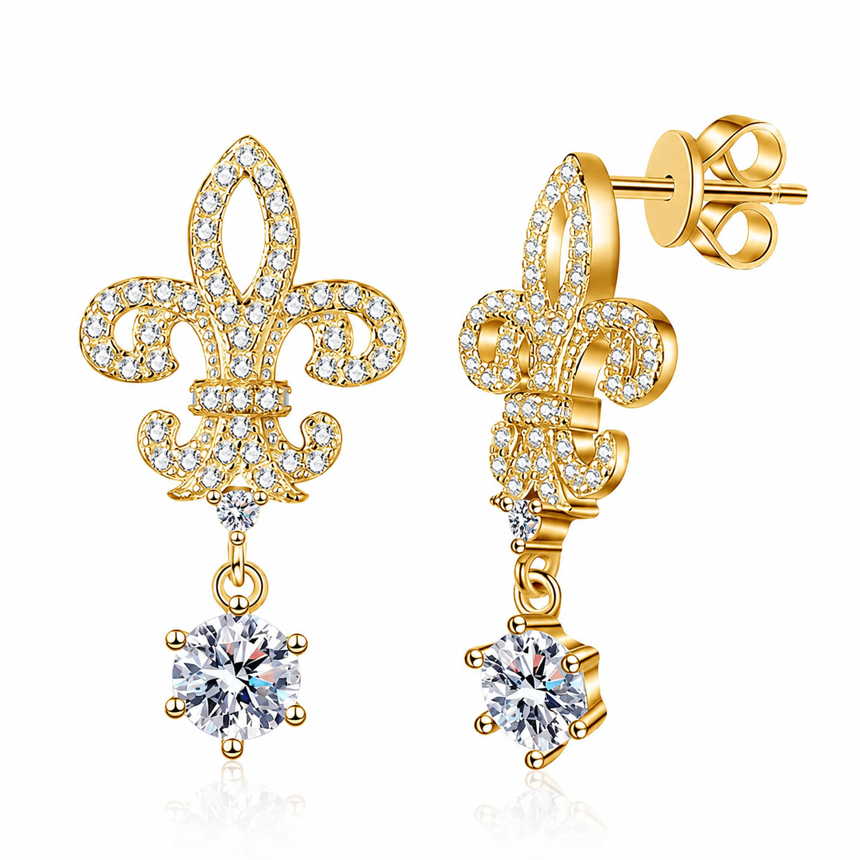 Fleur-De-Lis Moissanite Drop Earrings with CZ in Yellow Gold-Plated S925 on clean white background showing fleur-de-lis inspired drops with a round moissanite center