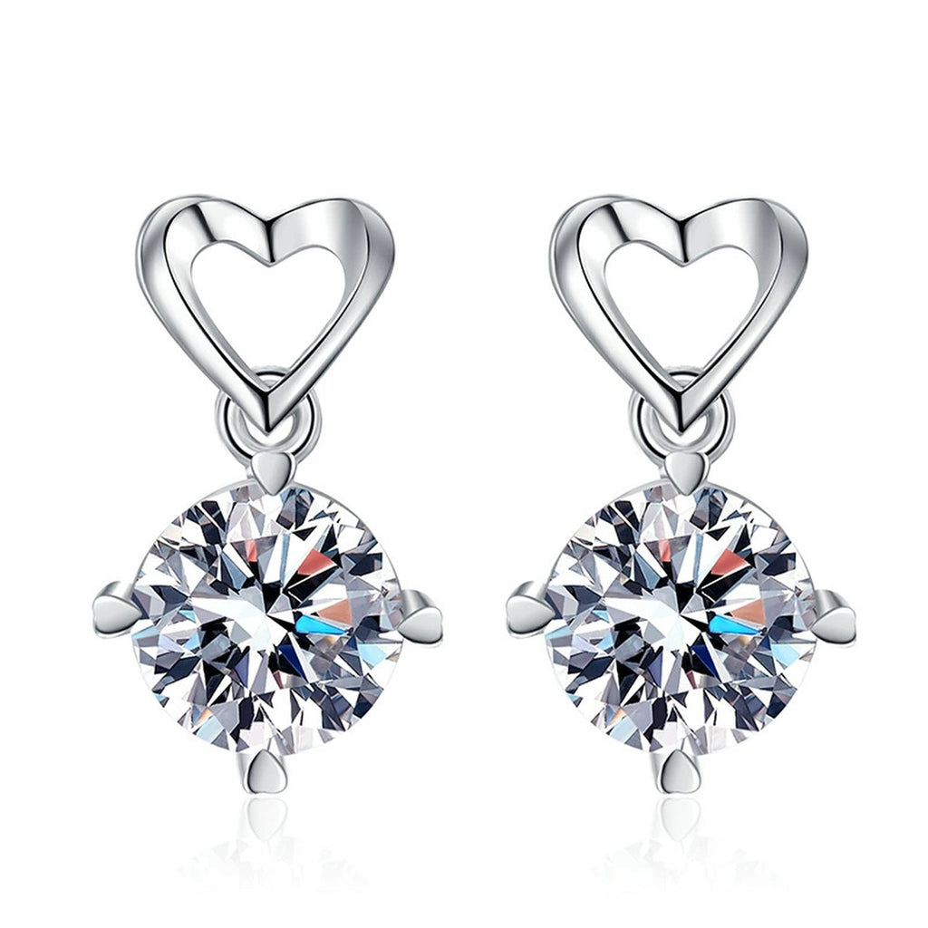 Heart Moissanite Drop Earrings in White Gold-Plated S925 Sterling Silver on clean white background showing heart top drops with a round moissanite cluster below