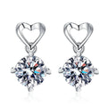 Heart Moissanite Drop Earrings in White Gold-Plated S925 Sterling Silver on clean white background showing heart top drops with a round moissanite cluster below