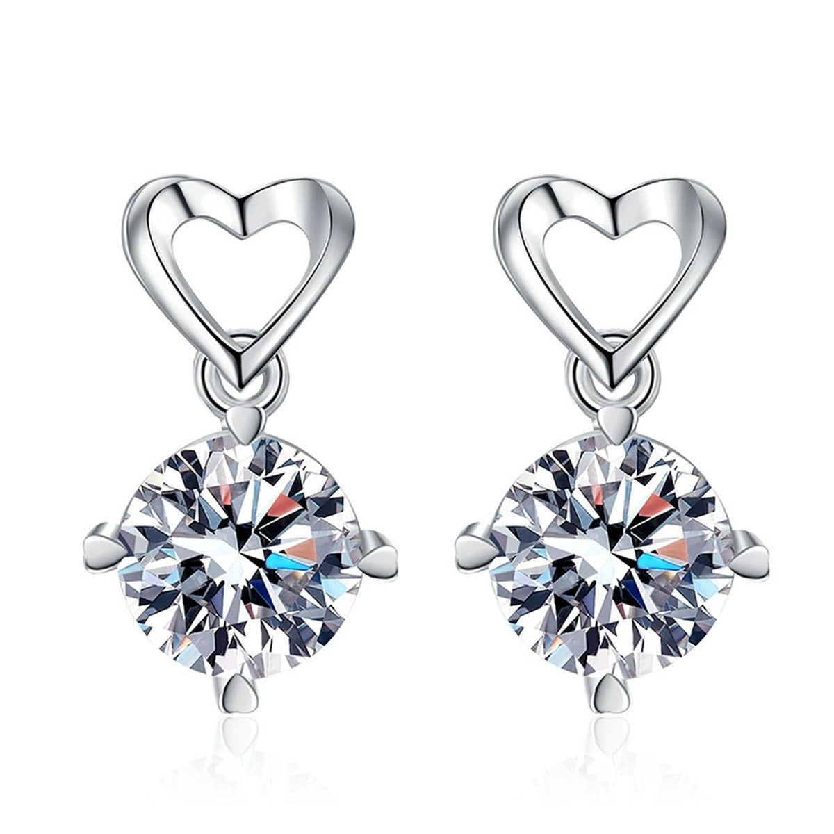 Heart Moissanite Drop Earrings in White Gold-Plated S925 Sterling Silver on clean white background showing heart top drops with a round moissanite cluster below