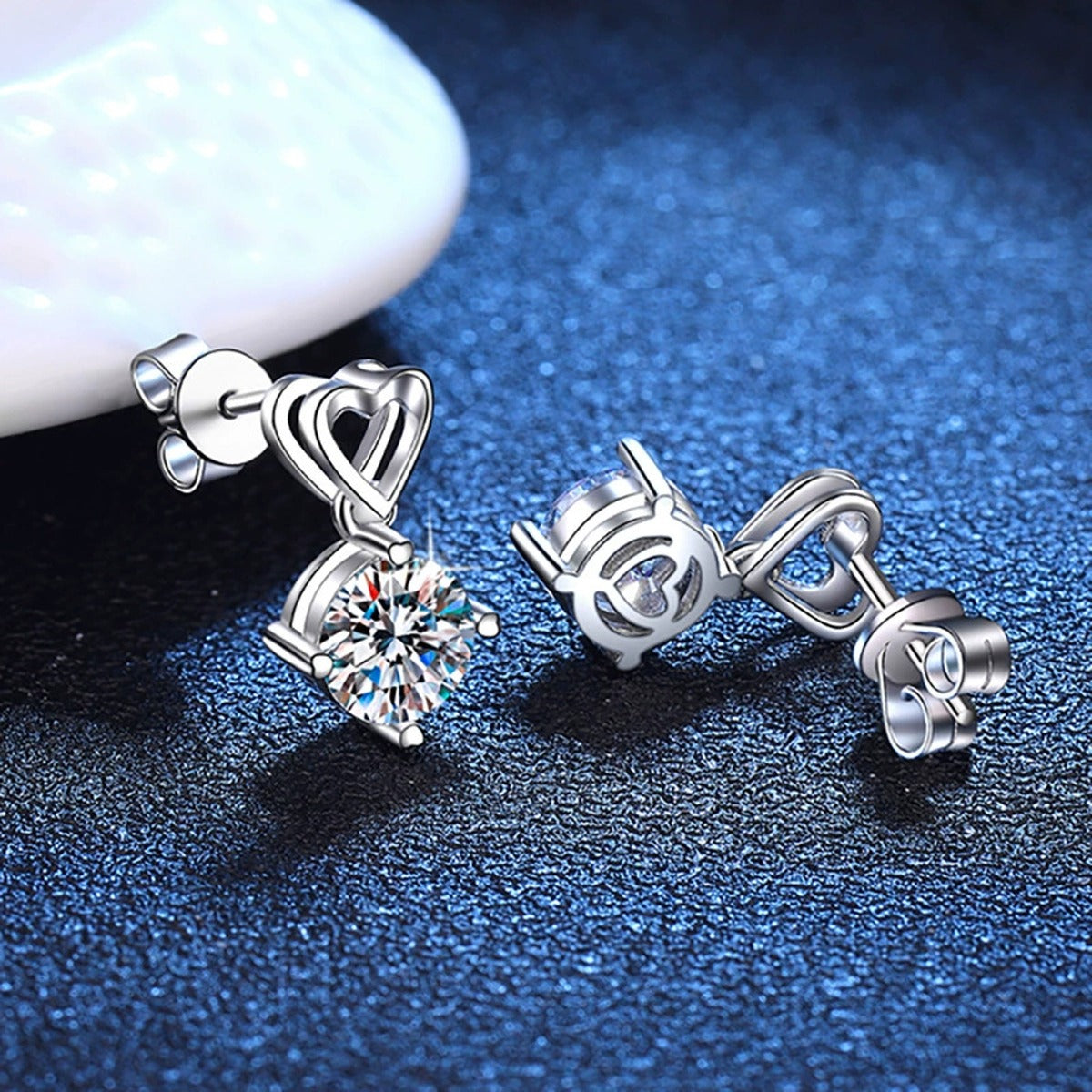 Heart Moissanite Drop Earrings in White Gold-Plated S925 Sterling Silver blue scene product view