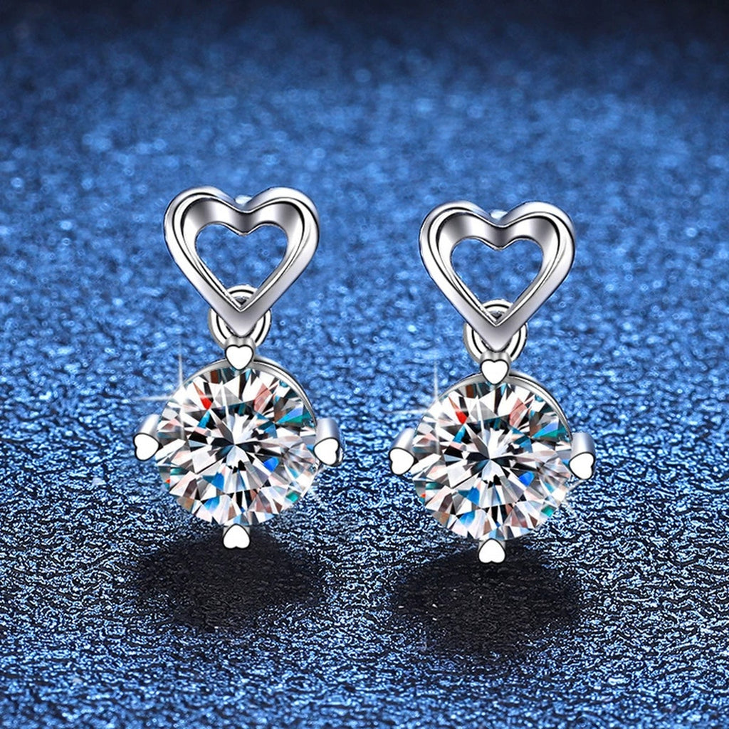 Heart Moissanite Drop Earrings in White Gold-Plated S925 Sterling Silver blue scene close-up view