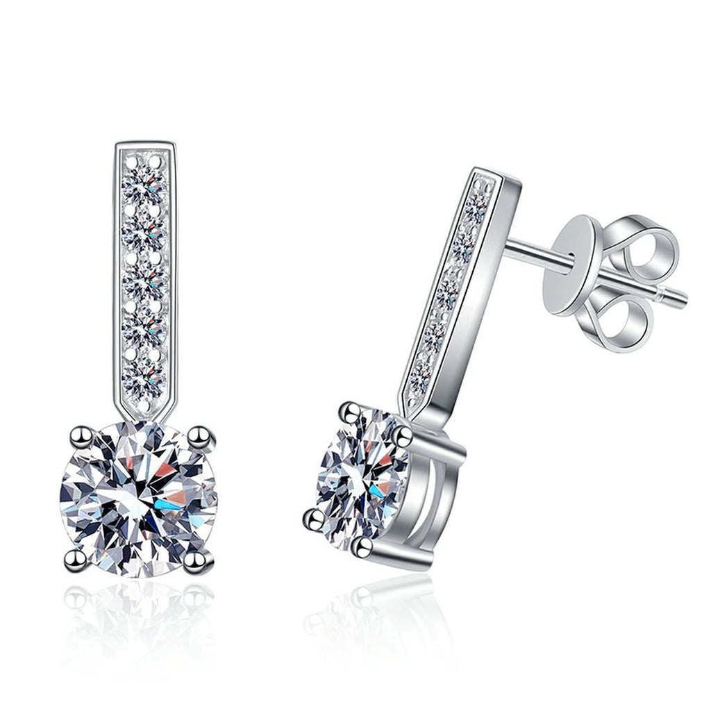 Bar Moissanite Drop Earrings with CZ in White Gold-Plated S925 on clean white background showing vertical bar drops ending in a round moissanite cluster