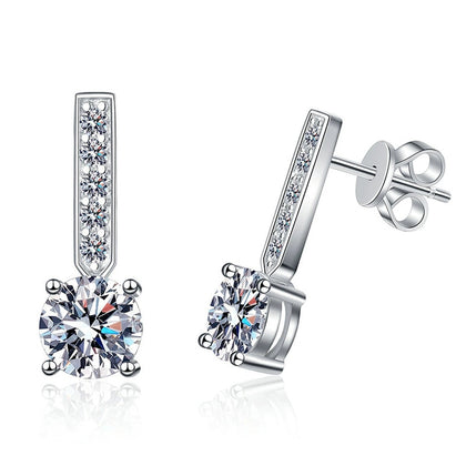 Bar Moissanite Drop Earrings with CZ in White Gold-Plated S925 on clean white background showing vertical bar drops ending in a round moissanite cluster