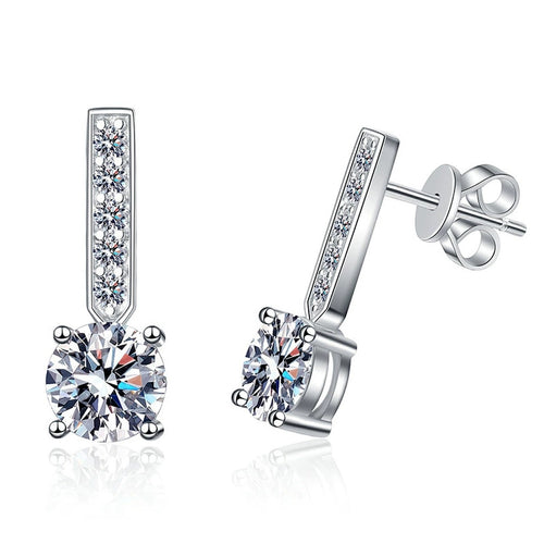 Bar Moissanite Drop Earrings with CZ in White Gold-Plated S925 on clean white background showing vertical bar drops ending in a round moissanite cluster
