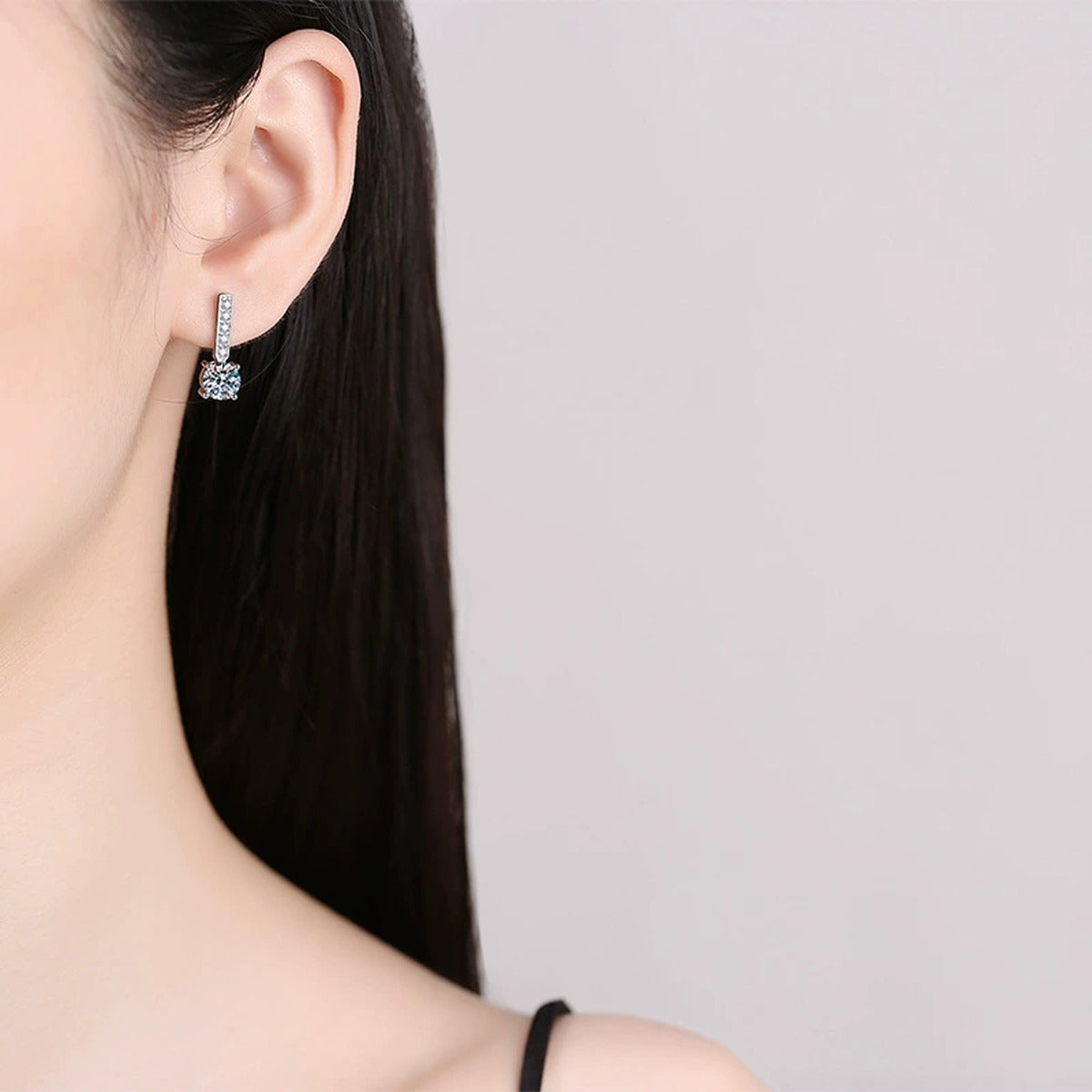 Bar Moissanite Drop Earrings with CZ in White Gold-Plated S925 worn on ear by model