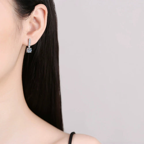 Bar Moissanite Drop Earrings with CZ in White Gold-Plated S925 worn on ear by model