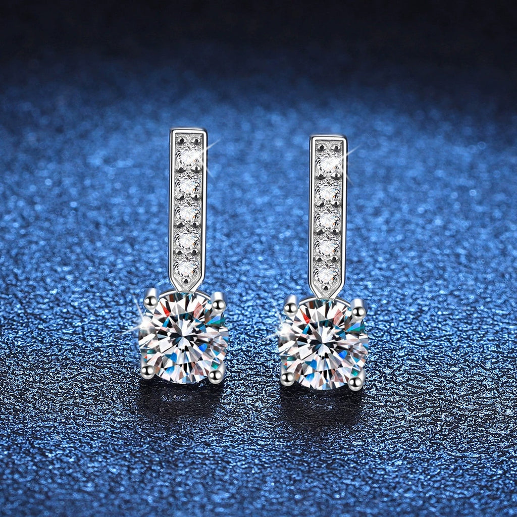 Bar Moissanite Drop Earrings with CZ in White Gold-Plated S925 blue scene product view