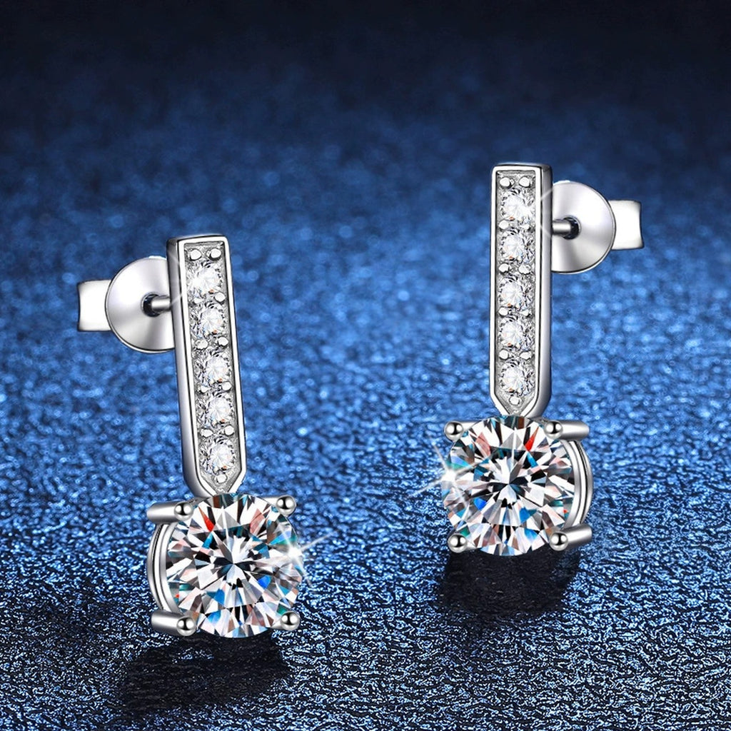 Bar Moissanite Drop Earrings with CZ in White Gold-Plated S925 blue scene angled view